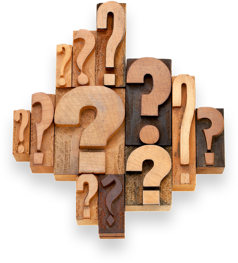 Collage of wooden question marks